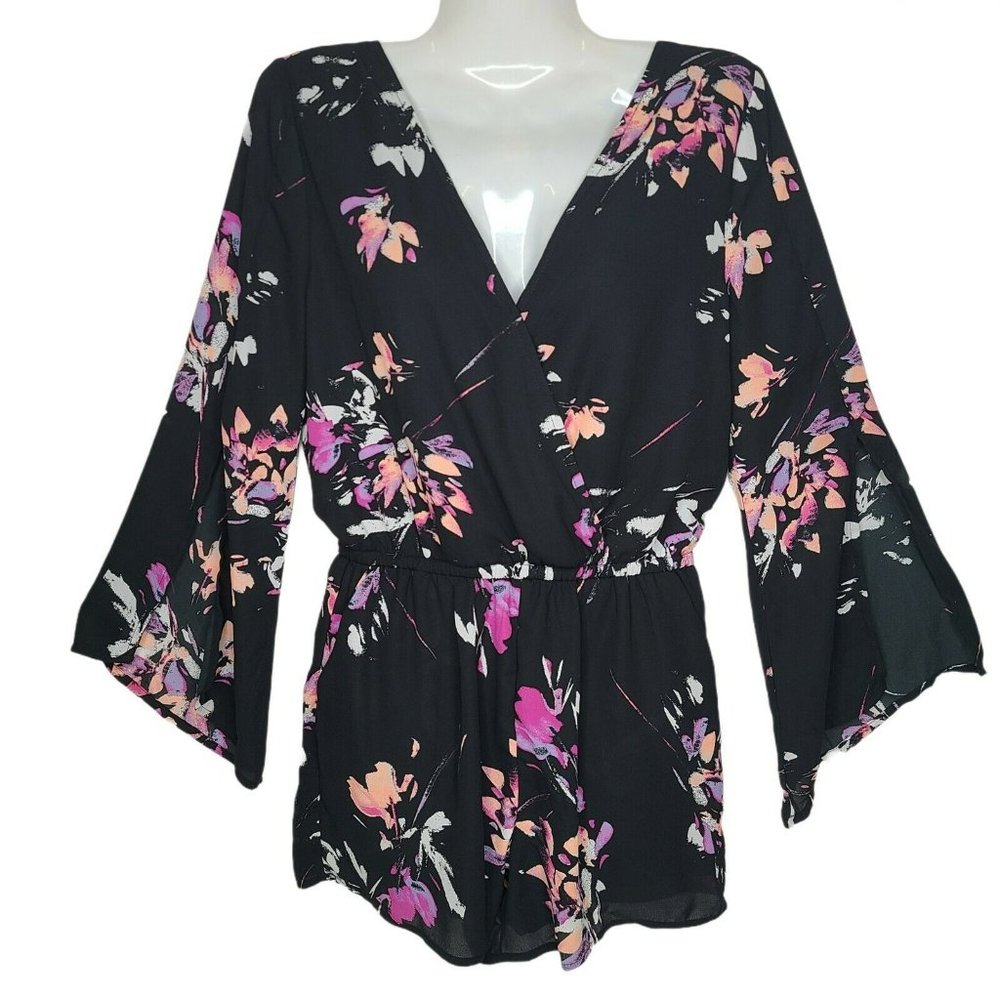 ARIZONA Jean Co Floral Wrap Style Romper Short Bell Slit Sleeves Sz S Black Pink